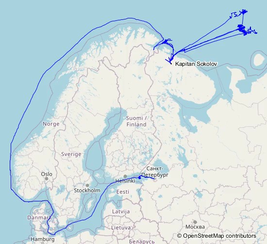 Kapitan Sokolov fra finskebukta til Murmansk i april 2025